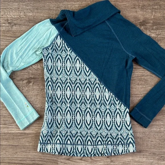 Smartwool Merino 250 Woman’s Quarter Zip Turtleneck Sweater Geometric Teal Aqua - Picture 7 of 8